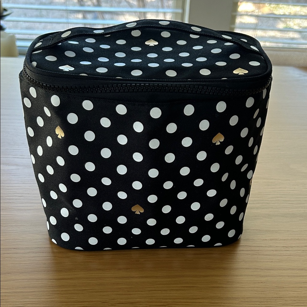 kate spade black and white polka dot cosmetic case with gold spade accents